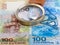 100 rubles banknote and magnifier