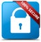100% secure cyan blue square button red ribbon in corner
