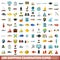 100 shipping examination icons set, flat style
