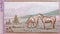 100 Togrog banknote, Bank of Mongolia, closeup bill fragment shows Horses, landscape