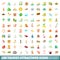 100 tourist attraction icons set, cartoon style