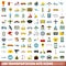 100 transportation site icons set, flat style