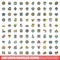 100 udon noodles icons set, color line style