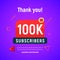 100000 followers vector post 100k celebration. Hundred thousands subscribers followers thank you congratulation