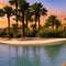1020 Desert Oasis: A serene and picturesque background featuring a desert oasis with palm trees, golden sand dunes, and warm col