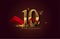 10th anniversary logo with red ribbon and golden confetti isolated on elegant background, sparkle, vector design for greeting card