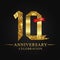 10th anniversary years celebration logotype. Logo ribbon gold number and red ribbon on black background.