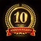 10th golden anniversary logo, with shiny ring and red ribbon, laurel wreath isolated on black background, vector design