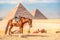 11/18/2018 Cairo, Egypt, tourist camels standing against the background of ancient pyramids on a hot day