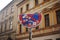 11/23/2017 Prague, Czech Republic The traffic sign in Prague is bent broken and in signs, stickers
