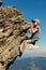 A 11-year-old boy is studying mountaineering in the Carpathians, a boy climbs to the top of a rocky rock alone without the help of