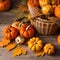 1180 Autumn Harvest: A cozy and rustic background featuring an autumn harvest scene with pumpkins, gourds, and fallen leaves in