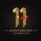 11th anniversary years celebration logotype. Logo ribbon gold number and red ribbon on black background.