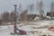 12 02 2021 Russia Kostroma Special equipment hammers piles into the ground in winter for the foundation of the house