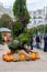 12-10-2019, Moscow, Russia. Vertical decoration of green plants and orange pumpkins. Holiday Kiosks with gifts and sweets