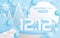 12.12 Shopping festival, Speech marketing banner design on  winter background and round podium, snow, and Floating ribbon with cra