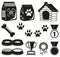 12 black and white pet care elements silhouette set