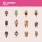 12 different vector ice cream desert icons set in flat, colorful style
