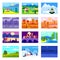 12 minimalistic calendar landscape natural backgrounds of four seasons winter, spring. summer, autumn. Set cartoon flat