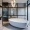 12 A modern, luxurious bathroom with a mix of marble and glass finishes, a large, freestanding bathtub, and a mix of open and cl