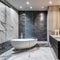 12 A modern, luxurious bathroom with a mix of marble and glass finishes, a large, freestanding bathtub, and a mix of open and cl