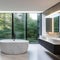 12 A modern, sleek bathroom with a mix of white and metallic finishes, a large, freestanding bathtub, and a mix of open and clos