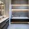 12 A modern, sleek bathroom with a mix of white and metallic finishes, a large, freestanding bathtub, and a mix of open and clos