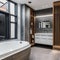 12 A modern, sleek bathroom with a mix of white and metallic finishes, a large, freestanding bathtub, and a mix of open and clos