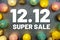 1212 Super Sale text and LED cotton Balls Decoration on Silver Glitter background