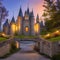 1229 Enchanted Fairy Tale Castle: A magical and enchanting background featuring an enchanted fairy tale castle with turrets, tow