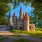 1229 Enchanted Fairy Tale Castle: A magical and enchanting background featuring an enchanted fairy tale castle with turrets, tow