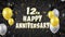 12th Happy Anniversary black greeting and wishes with balloons, confetti looped motion