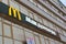 13.11.2020 Syktyvkar, Russia, yellow capital letter M, fast food restaurant mcdonalds signboard and an inscription with a name in