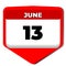 13 June vector icon calendar day. 13 date of June. Thirteenth day of June. 13th date number. 13 day calendar. Thirteen