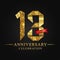 13th anniversary years celebration logotype. Logo ribbon gold number and red ribbon on black background.