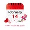 14 February calendar. Shiny sparkle red hearts and hand drawn rose. Happy Valentine`s day greeting card