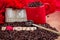 14 February rosted coffee beans with heart chocolates red flowers red mug