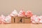 14 February on wooden blocks displayed with pink and white meringues