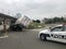 14 September 2019 Durham North Carolina USA Truck of semi truck trailer rolled over crash crashed accident hits bridge