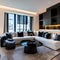 14 A sleek, modern living room with a mix of white and black finishes, a low-profile sectional sofa, and a large, abstract paint