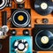 1416 Vintage Vinyl Records: A retro and music-themed background featuring vintage vinyl records, record players, and retro music