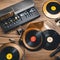 1416 Vintage Vinyl Records: A retro and music-themed background featuring vintage vinyl records, record players, and retro music