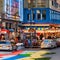 1450 Urban Street Scene: A vibrant and urban background featuring a street scene with bustling activity, colorful storefronts, a