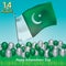 14th August of Independence Day of Pakistan, symbolic green colors and people silhouettes with flag.