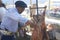 15-02-2019 Lonquimay, Chile. Meat roasted on the stick by a Chilean gaucho in Lonquimay, Chile