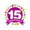 15 anniversary colored logo design, happy holiday festive celebration emblem with ribbon vector Illustration