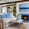 15 A beachy, coastal-inspired living room with a mix of blue and white upholstery, a large fireplace mantle with coastal decor,