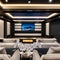 15 A contemporary, minimalist home theater with a mix of black and glass finishes, a large projection screen, and a mix of comfo