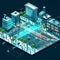 15 minute city isometric map, people, transport, security, cameras, drone and bot police, border