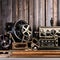 1578 Vintage Film Projector: A retro and film-themed background featuring a vintage film projector, film reels, and retro cinema